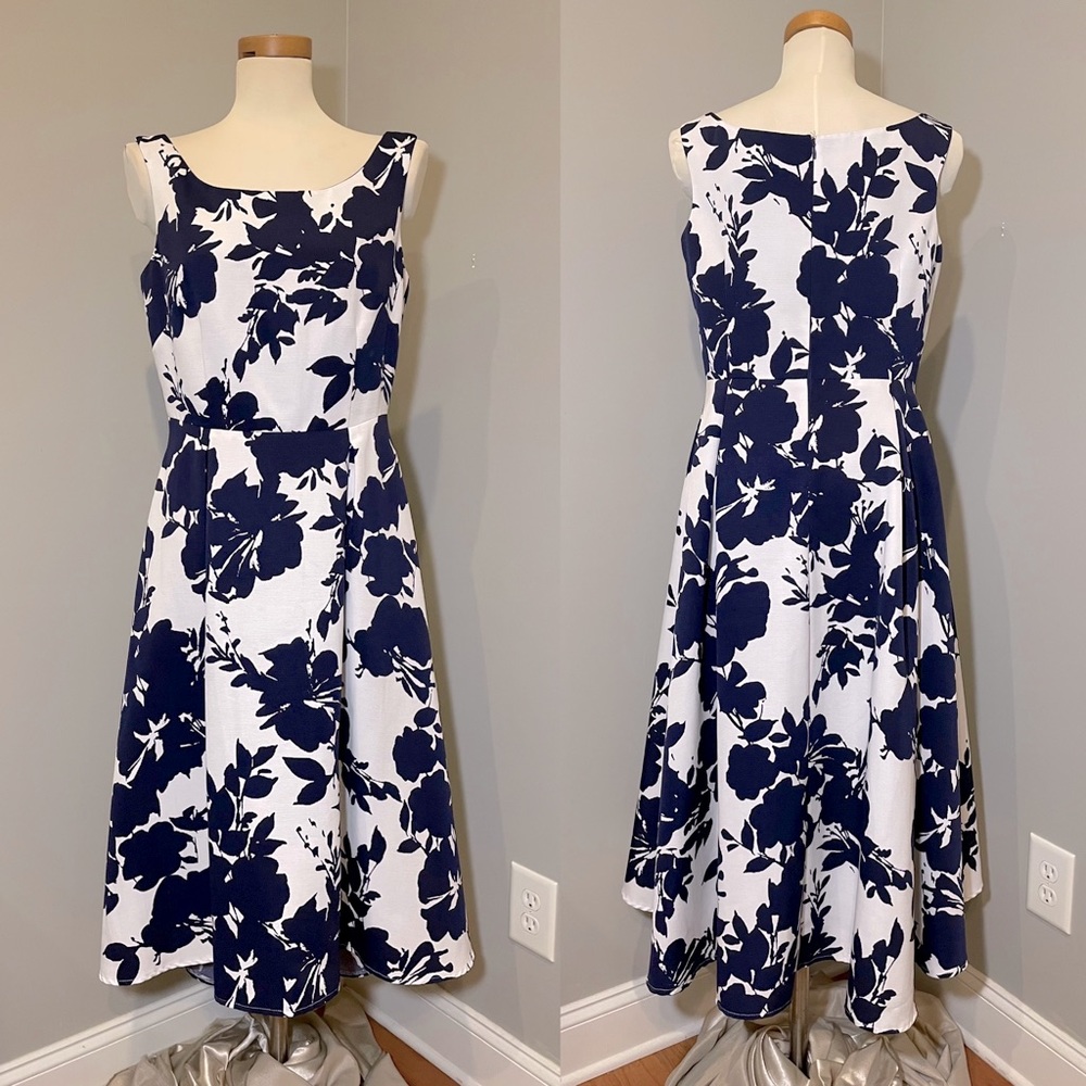 KATHERINE KELLY Navy and White Floral Fit and Flare Midi Dress Size 8